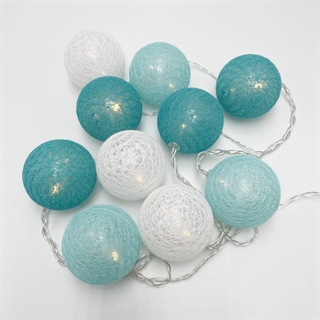 LED lyskæde med bomuldskugler, hvid, lyseturkis og teal – 2 m 10 lys, Ø 6 cm